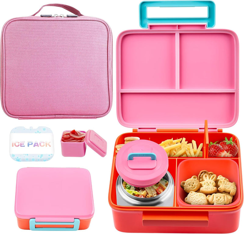 Bento Lunch Box for Kids with Thermo, Leakproof Bento Box with 8oz Insulated Food Jar, Lunch Bag, BPA Free Dishwasher Safe 4 Compartment Container for School Girls Boys (Pink) - Pink1