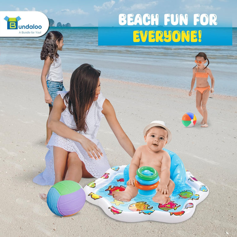 Bundaloo Baby Splash Pad with Inflatable Backrest and Stackable Ring Toys – Sensory Water Play Mat for Infants and Toddlers – Summer Outdoor Fun