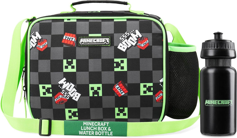 Insulated Lunch Bag with Water Bottle for Kids Lunch Box Creeper Packed Lunch Bag for School Multiple Compartments Travel Snacks Gifts - Black/Green