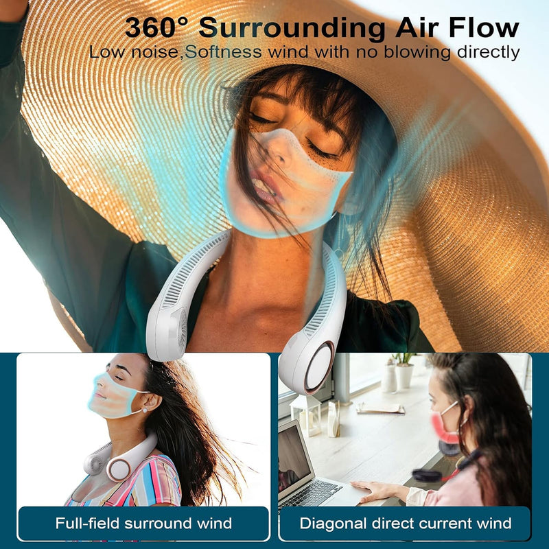 KASTWAVE Portable Neck Fan, Hands-Free Bladeless Fan, 360 Cooling Personal Fan, 3 Speeds Adjustment, 78 Air Outlet, Headphone Design, Rechargeable, USB Powered Neck Fan for Outdoor Indoor
