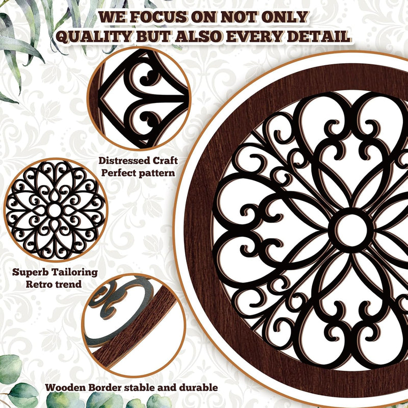 Yulejo 4 Pcs Thicken Rustic Wall Decor Farmhouse Wall Art Wooden Hollow Carved Design Decor Rustic Round Wall Art for Living Room Bedroom Hallway Decor Kitchen Wall (Black, Brown,9.8 x 9.8 Inch)
