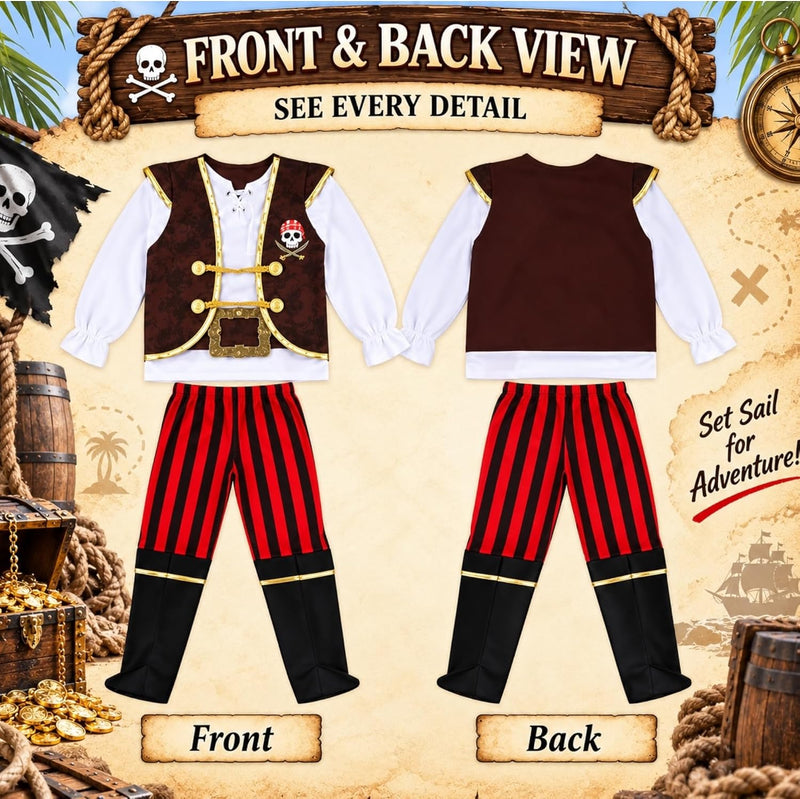 Doodle Kiddo Pirate Costume for Kids 3-12 Years Halloween Pirate Outfit with Hat, Vest, Pants & Eye Patch Fancy Dress & Pretend Play Costume for Kids & Toddlers