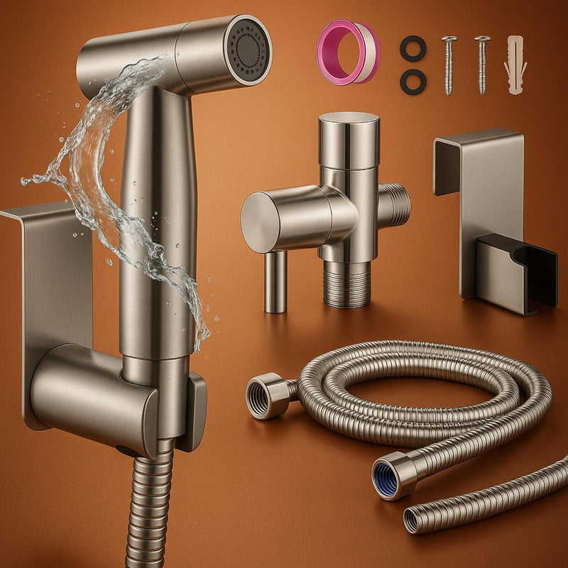 VELORDEC Bidet Sprayer for Toilet - Chrome Finish Shattaf Set with 57" Hose and Enhanced Stainless Steel Brushed Nickel for Feminine & Baby Wash, Includes Pressure Control T-Valve, Rubber Washers,Tape