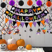 Happy Halloween Banner Party Decorations, Triangle Flag Bunting, Hanging Garland, Honeycomb Ball, Swirl Streamers & Confetti Dots for Halloween Party Decorations