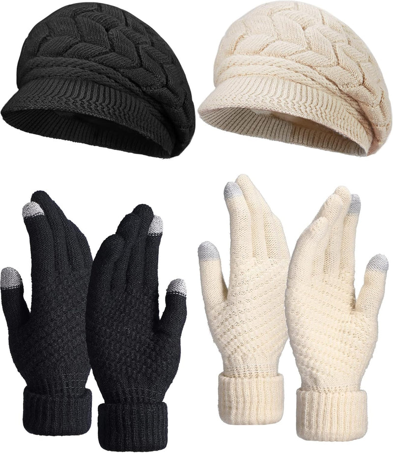 4 Pieces Women Winter Hat and Glove Set, Warm Knitted Beanie Hat Glove Snow Ski Skull Cap with Visor and Touchscreen Glove