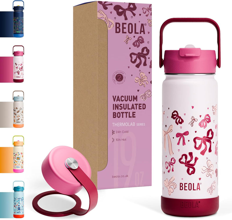 550ml Kids Water Bottle 18/8 Stainless Steel Double Wall Insulated thermo Bottle with Straw Lid and Wide Mouth, Hot Cold Liquids Sports School Bottle (19oz, Sea Vibes) - 550ML Blush and Bows