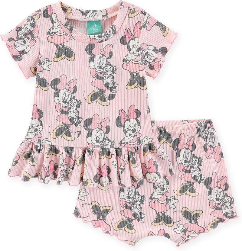 Disney Minnie Mouse Baby Girls 2 Piece Ribbed Top and Shorts Set for Newborn and Infants