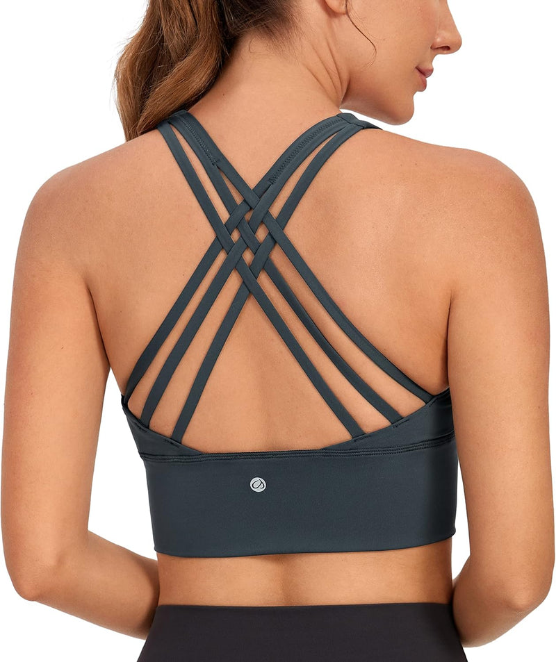 CRZ YOGA Women's Longline Strappy Sports Bras for Women Wirefree Padded Yoga Bras Tops