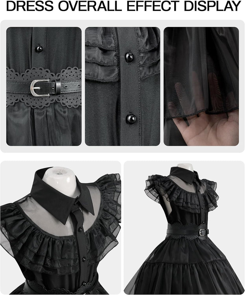 14 Pack Wednesday Black Costume, Wednesday Girls Dress, Kids/Teens Black Family Costumes, Girls Halloween Costumes Perfect for Halloween, Cosplay, and Parties