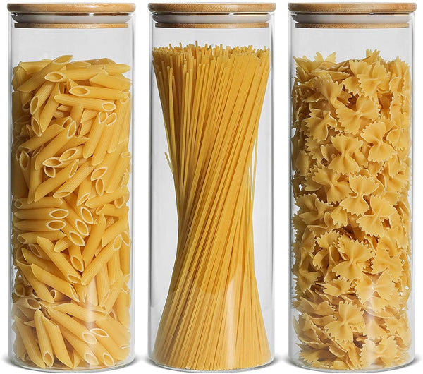 Airtight Glass Storage Canister with Bamboo Lid, Clear Food Storage Container Kitchen Pantry Storage Glass Canisters Jar Set for Flour Cereal Sugar Tea Coffee Beans Snacks Nuts Candy (3 Pack, 2400ml)