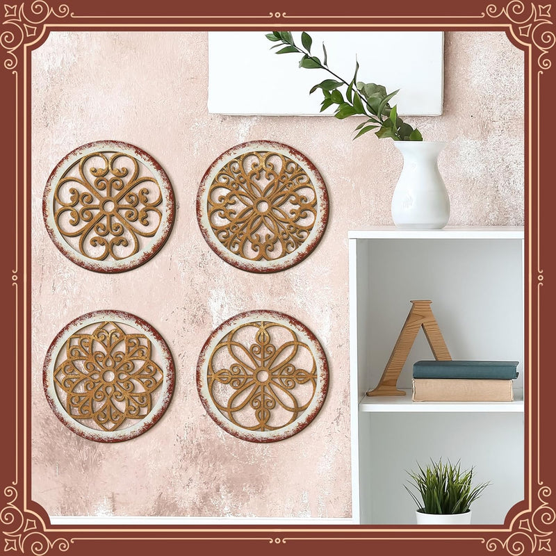 Yulejo 4 Pcs Thicken Rustic Wall Decor Farmhouse Wall Art Wooden Hollow Carved Design Decor Rustic Round Wall Art for Living Room Bedroom Hallway Decor Kitchen Wall (Black, Brown,9.8 x 9.8 Inch)