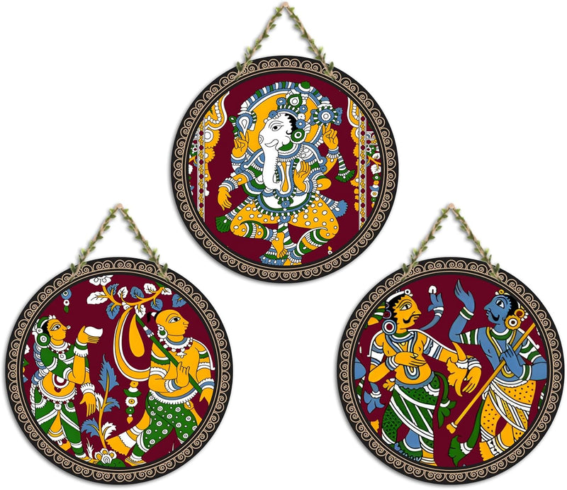 Artvibes Rajasthani Culture Wooden Wall Hanger for Home | Office | Living Room | Gift | Modern Decoration Items | Kitchen Wall Decor | Home Decor Hanging Items (WH_5012N), Set of 3