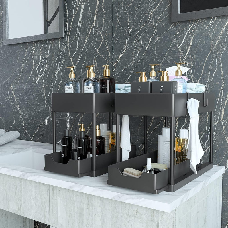 ItsyWorld Under Sink Organizer, 2 Tier Bathroom Cabinet Organizer with Sliding Basket, Multi-Purpose Under Sink Organizers and Storage for Bathroom Kitchen (4 Hooks) (Black)