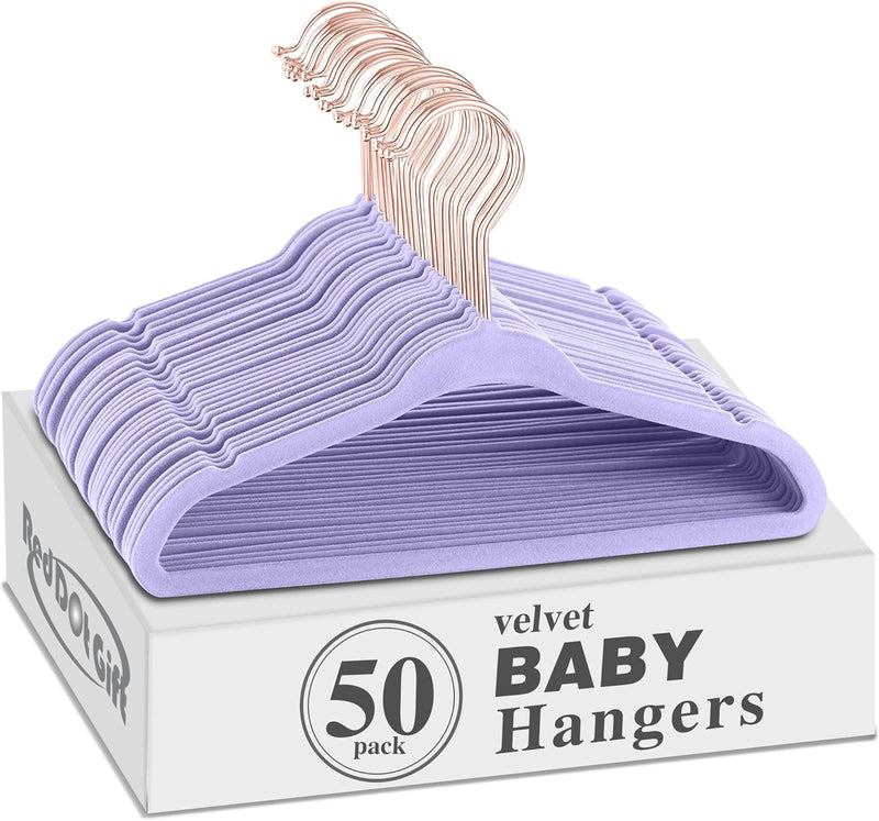 Red Dot Gift® 50 Pack Baby Velvet Hangers 11Inch/28cm - Nursery Clothes Hangers Non Slip Toddler Hangers, 360 Chrome Swivel Hook (White, 50)