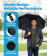 Compact Travel Umbrella - Pocket Portable Folding Windproof Mini Umbrella - Auto Open and Close Button and 9 Rib Reinforced Canopy - Black