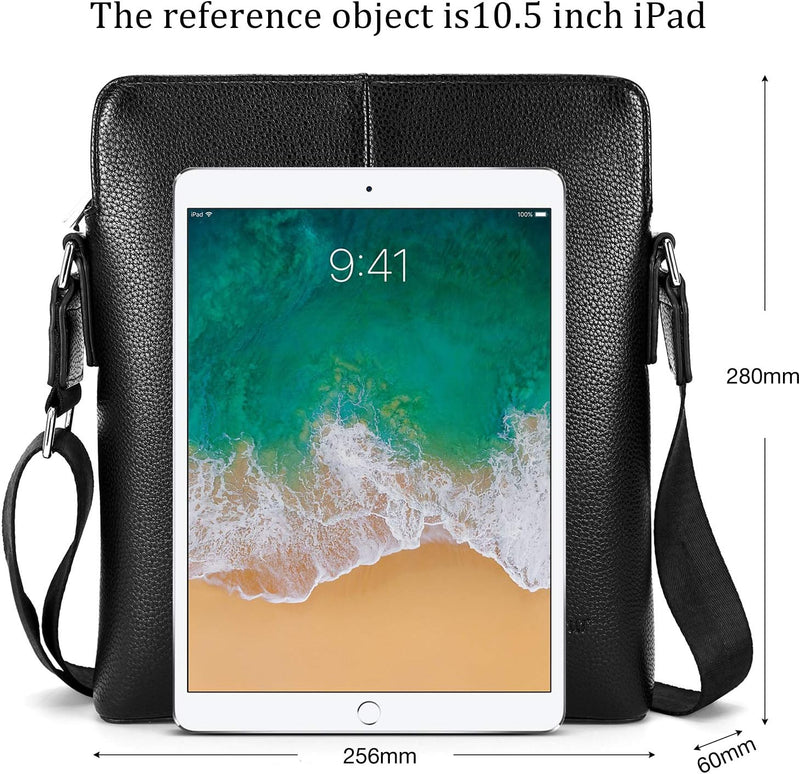 Mens Shoulder Bag, Genuine Leather Messenger Handbag Crossbody Bag for Men Purse iPad Bag for Business Office Work School with Adjustable Strap Black, Black, One Size