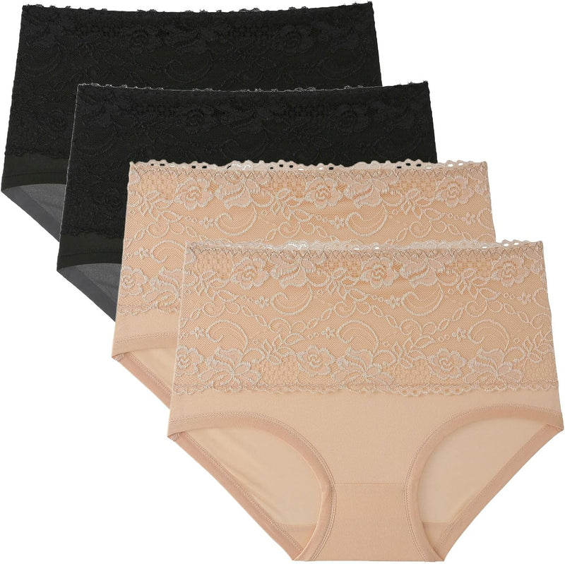 Dress Cici High Waisted Cotton Underwear, Lace Cotton Underwear for Women, 4-Pack (4 Pieces)