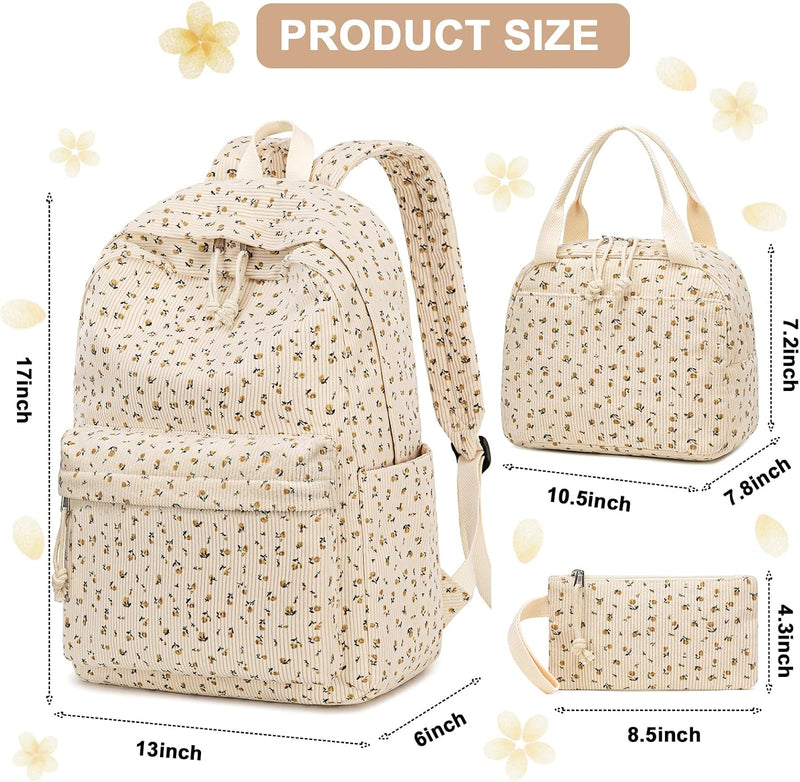 School Backpacks for Boys Girls Bookbag Teens Backpack Set Tote Shoulder Bag and Pencil Case - Corduroy- Floral Beige