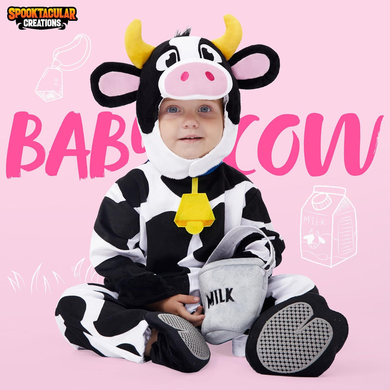 Spooktacular Creations Unisex Baby Cow Costume Jumpsuit Outfit with Milking Bucket for Infant Child Boys and Girls