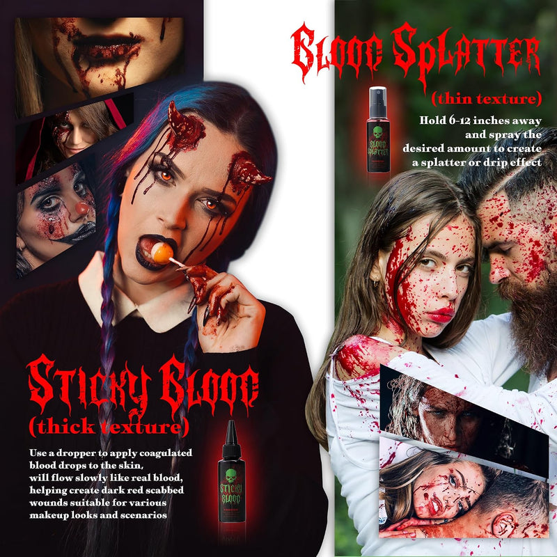 VANERIA Halloween Artificial Blood Set - Realistic & Washable Fake Blood, 50 ml Artificial Blood Spray, 50 ml Dripping Artificial Blood, Sponge, 4 Fake Scars & 4 Luminous Tattoos for Zombies, Vampires