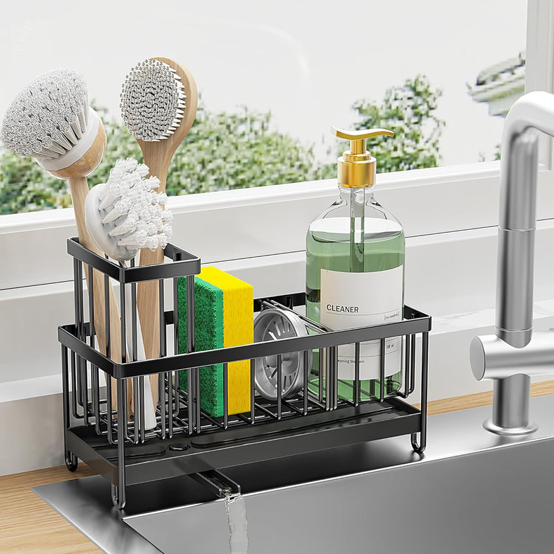 Cisily Sponge Holder for Kitchen Sink, Sink Caddy with High Brush Holder, Organzier Rustproof 304 Stainless Steel Dish Organizer Divider, Soap Dispenser Storage - Black