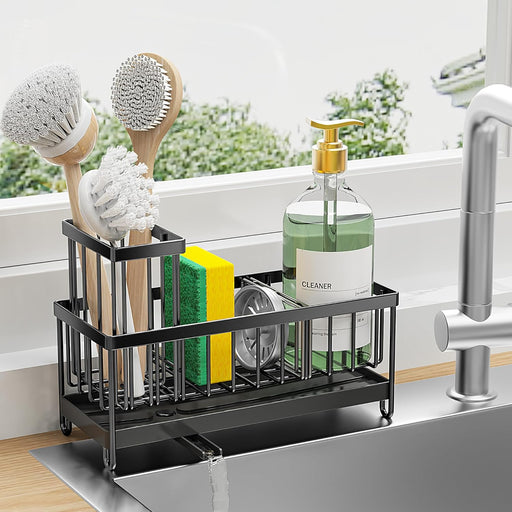 Cisily Sponge Holder for Kitchen Sink, Sink Caddy with High Brush Holder, Organzier Rustproof 304 Stainless Steel Dish Organizer Divider, Soap Dispenser Storage - Black