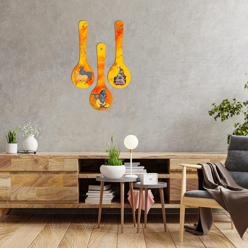 Artvibes Rajasthani Culture Wooden Wall Hanger for Home | Office | Living Room | Gift | Modern Decoration Items | Kitchen Wall Decor | Home Decor Hanging Items (WH_5012N), Set of 3