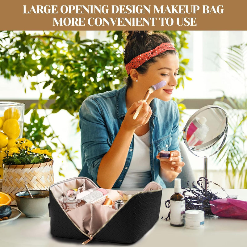 Large Capacity Travel Cosmetic Bag - Makeup Bag, PU Leather Waterproof Cosmetic Bag, Women Portable Travel Makeup Bag With Handle and Divider Flat Lay Makeup Organizer Bag, Black, Fashion