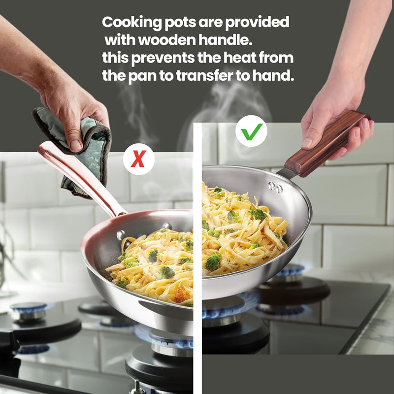Milton Procook Triply 4 pcs Stainless Steel Sauce Pan 16 cm, Fry Pan 22 cm, Kadhai 24 cm with Glass Lid 24 cm and Wooden Handle, Silver Induction Safe Hot Plate Safe - Steel