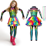 Funky Punky Bones Colorful Skeleton Deluxe Girls Costume Set with Hair Extensions for Halloween Costume Dress Up Parties.