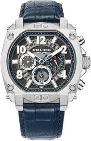 Chronograph Gents Watch with Genuine Leather Strap - Blue/Silver