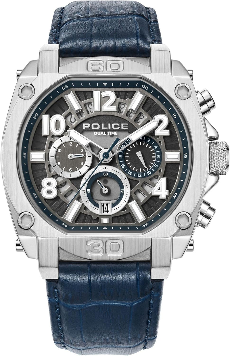 Chronograph Gents Watch with Genuine Leather Strap - Blue/Silver