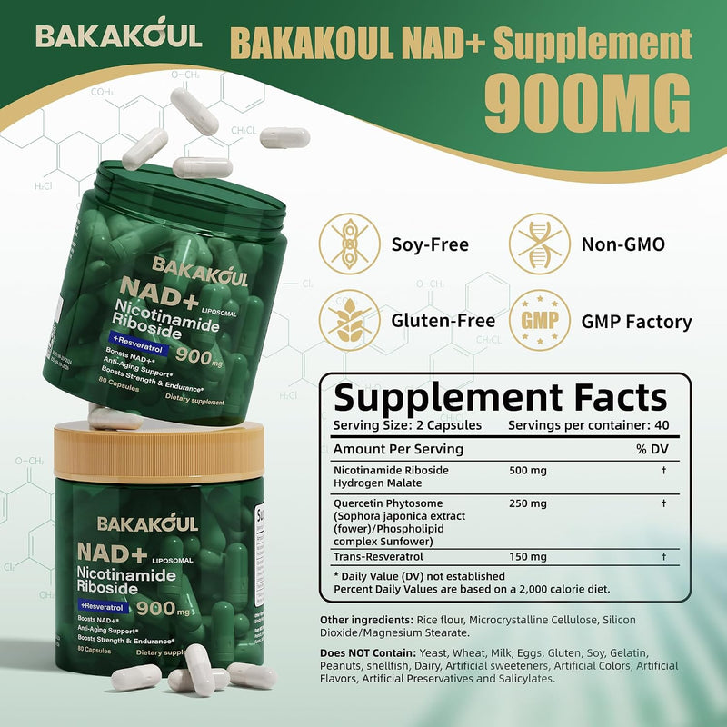 BAKAKOUL NAD Supplement - Liposomal Nicotinamide Riboside, Resveratrol, Quercetin, NAD Nicotinamide Riboside Resveratrol 900mg, NAD+ Supplement for Men and Women, 80 Capsules 1 Pack - 80 Count (Pack of 1)