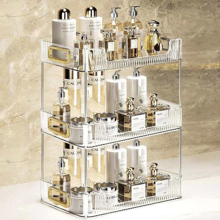 U-HOOME Bathroom Organizer Countertop, Clear Makeup Desk Organzier for Dressing Table, Bathroom Vanity Countertop, 2-Tier Vanity Tray Shelf for Cosmetic, Lotions, Perfume and Toiletries (Clear)
