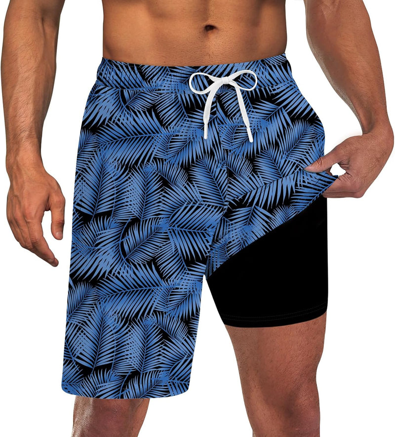 Men Swim Trunks with Compression Liner 9 Inch Long Board Shorts - A1 Black Deep