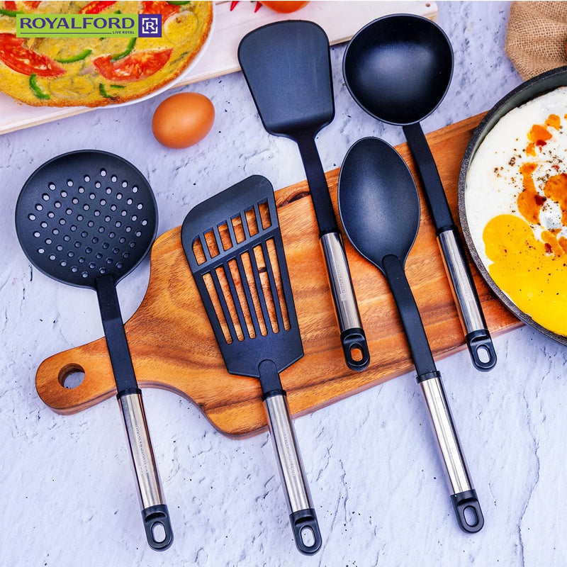Royalford 5 Pieces Slotted Spatula - Solid Spoon - Pasta Spoon - Masher & Ladle - Silicone Utensil Kitchen Gadgets Set - Medium
