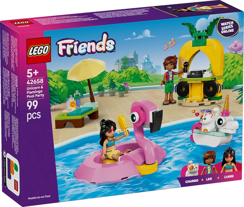 LEGO Friends Unicorn & Flamingo Pool Party Toy with Animal 'Floaties', 2 Mini Dolls, Churro the Cat & Accessories incl. a DJ Booth & Sunbeds - Creative Gift for 5+ Year Old girls - 42658