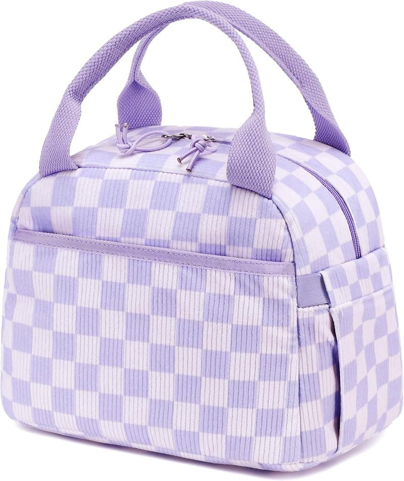 Lunch Bag for Women Men Cute Corduroy Lunch Tote Bags Reusable Insulated Lunch Box Large Capacity Reusable Insulated Cooler for Work Picnic or Travel (Corduroy strawberry) - Corduroy checkered purple