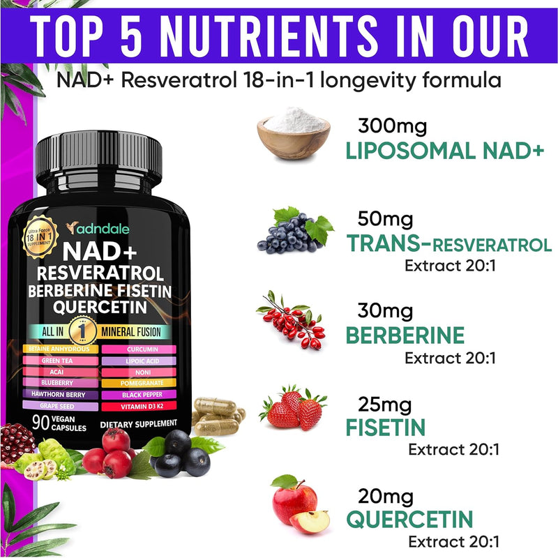 NAD Supplement 300mg & Resveratrol 1000mg Organic. Proprietary Longevity Formula with Liposomal NAD+, Trans Resveratrol, Quercetin, Betaine Anhydrous, Grape Seed, Fisetin. 90 Capsules, 9555mg/Serv.