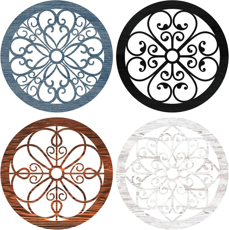 Yulejo 4 Pcs Thicken Rustic Wall Decor Farmhouse Wall Art Wooden Hollow Carved Design Decor Rustic Round Wall Art for Living Room Bedroom Hallway Decor Kitchen Wall (Black, Brown,9.8 x 9.8 Inch)