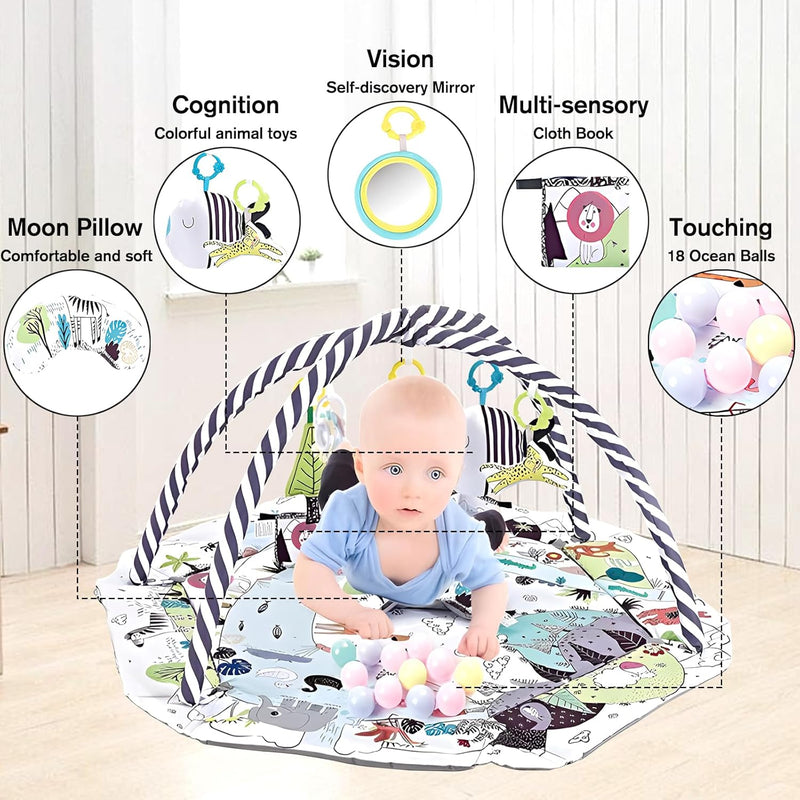 TFDER 7-in-1 Baby Play Gym, Infant Non-Slip Activity Blanket, Crawling Mat with Play Arch and Sensory Toys,Baby Toys 0+ Months,Black and White