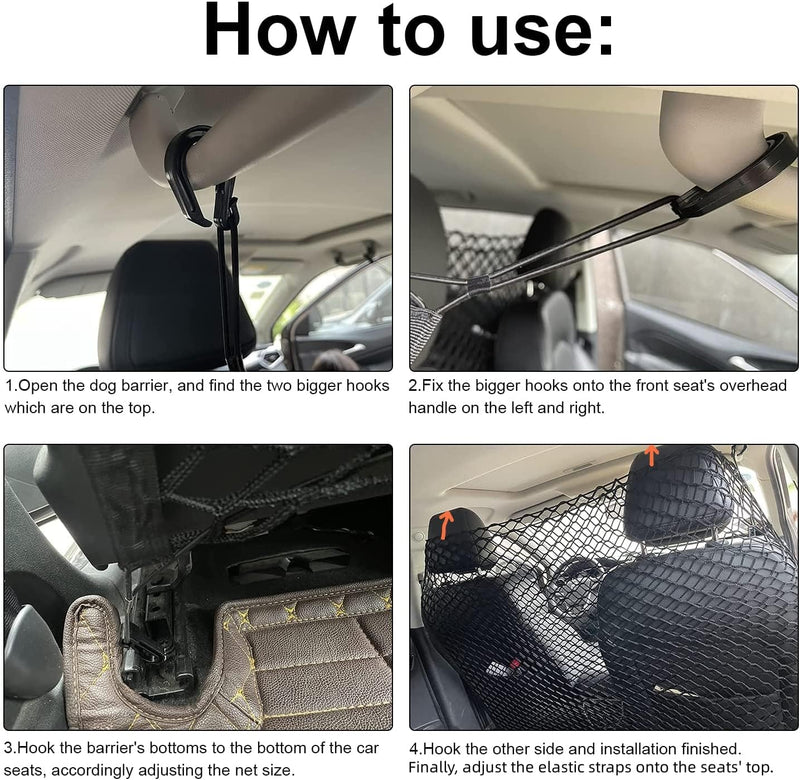 Dog Car Barrier SUV Pet Net + Free Metal Hooks, Dual Layer Pet Travel Safety Barrier Net , Easy to Install and Remove, Adjustable Car Dog Divider for Trucks, SUV, Vans, Car Net Organizer Storage Bag
