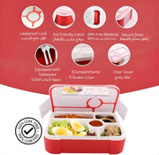 Bento Lunch Box -Leakproof, BPA-Free, Airtight Tiffin with Spoon & Fork- 5 Compartments, 1100ml, Microwave Safe Bento Box For Kids & Adults - Ideal for School & Office (Red)