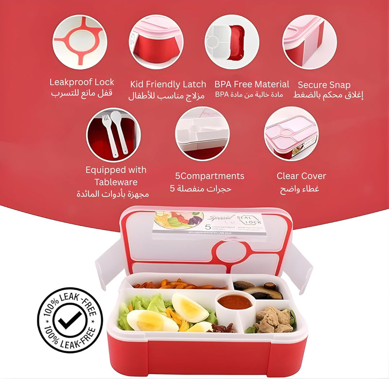 Bento Lunch Box -Leakproof, BPA-Free, Airtight Tiffin with Spoon & Fork- 5 Compartments, 1100ml, Microwave Safe Bento Box For Kids & Adults - Ideal for School & Office (Red)