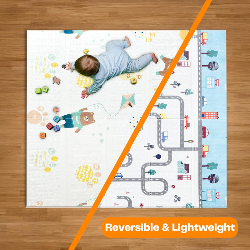 Baby Play Mat Foldable - 71x59 Baby Play Mat, Reversible Bear Playmat, Non-Slip & Wipeable Baby Crawling Mat, Playpen Mat for Indoor & Outdoor, 71x59 Playpen Mat for Floor Play,Extra Thick & Non-Toxic