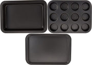 Royalford 3Pcs Non-stick Bakeware Set - Cookie Sheet / Baking Sheet, 12Pcs Muffin Pan Cupcake & Roasting Wide Handle Bread Dessert Bakeware, Sponge Cake Chocolate for