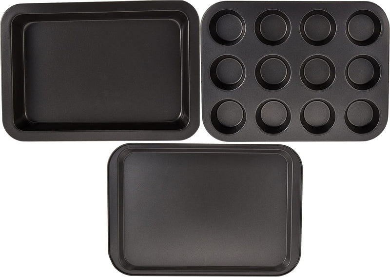 Royalford 3Pcs Non-stick Bakeware Set - Cookie Sheet / Baking Sheet, 12Pcs Muffin Pan Cupcake & Roasting Wide Handle Bread Dessert Bakeware, Sponge Cake Chocolate for