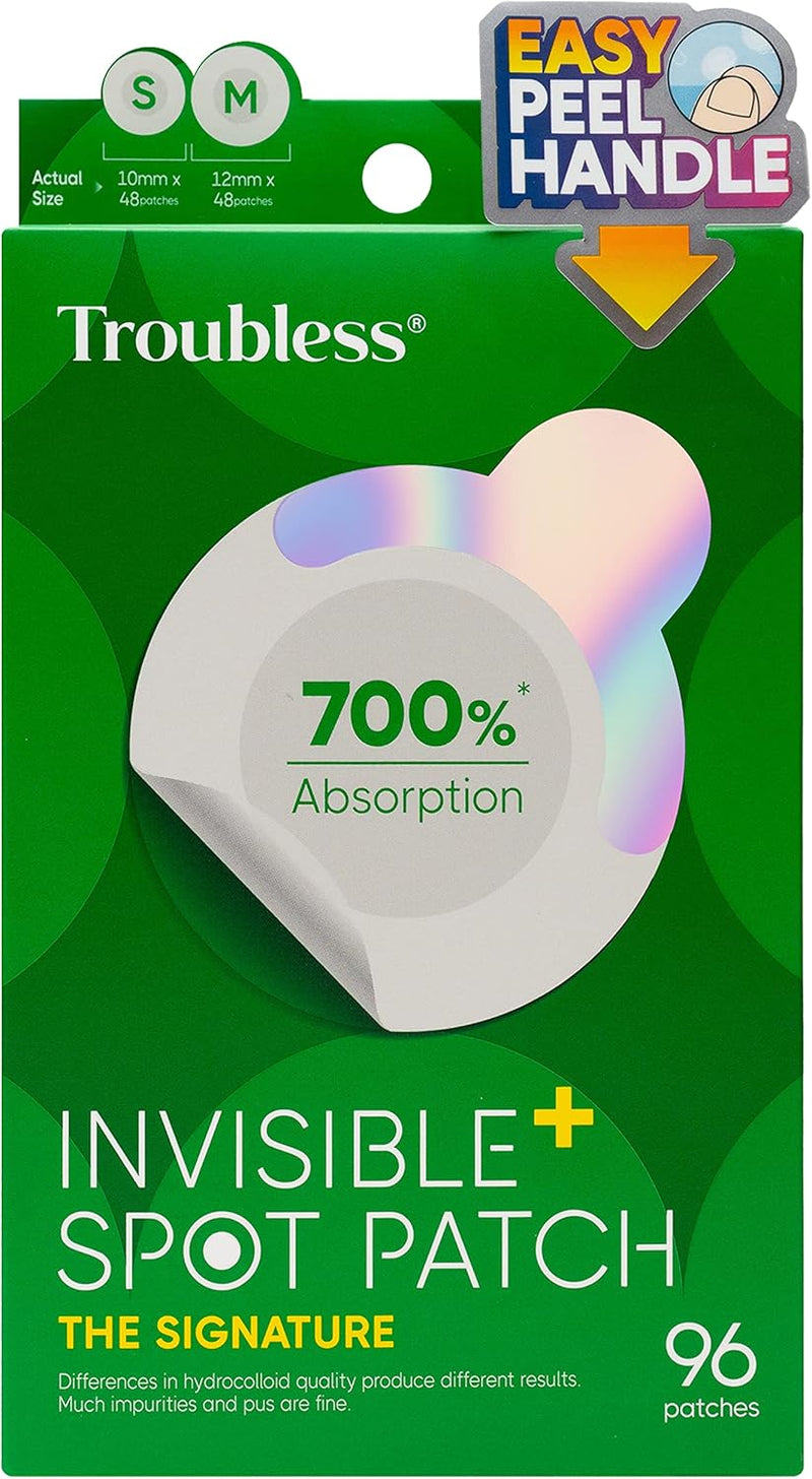 Troubless Invisible Pimple Patch Classic, 96 Patches (2 Sizes) – Ultra Thin Hydrocolloid Spot Treatment for Daytime Use, Easy Peel, Fast Healing, Absorbs Oil & Impurities, For Acne-Prone Skin