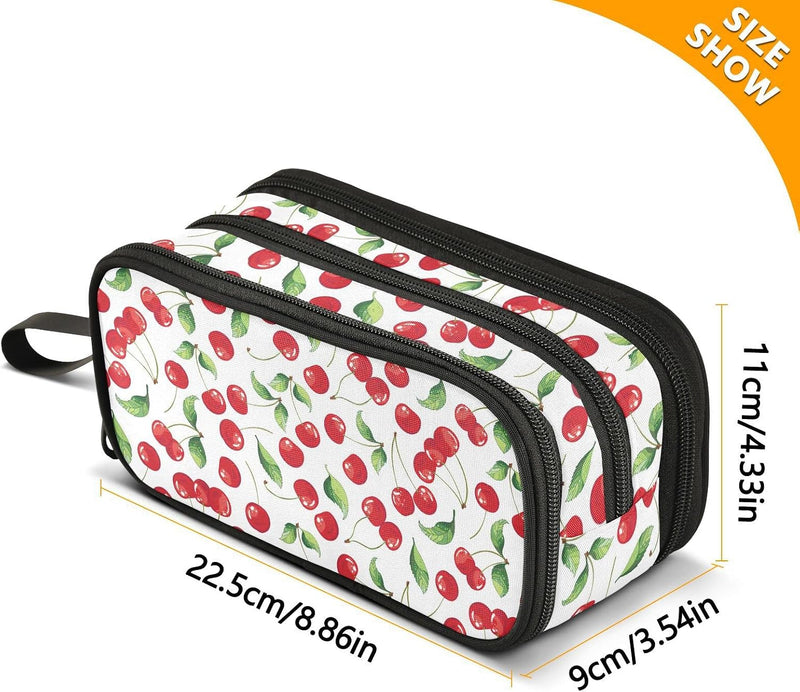 Mnsruu Cherries Leaves Pencil Case Large Capacity Pen Pouch Makeup Bag with 3 Compartments Pen Holder Organizer Stationery Bag for Girls Womens