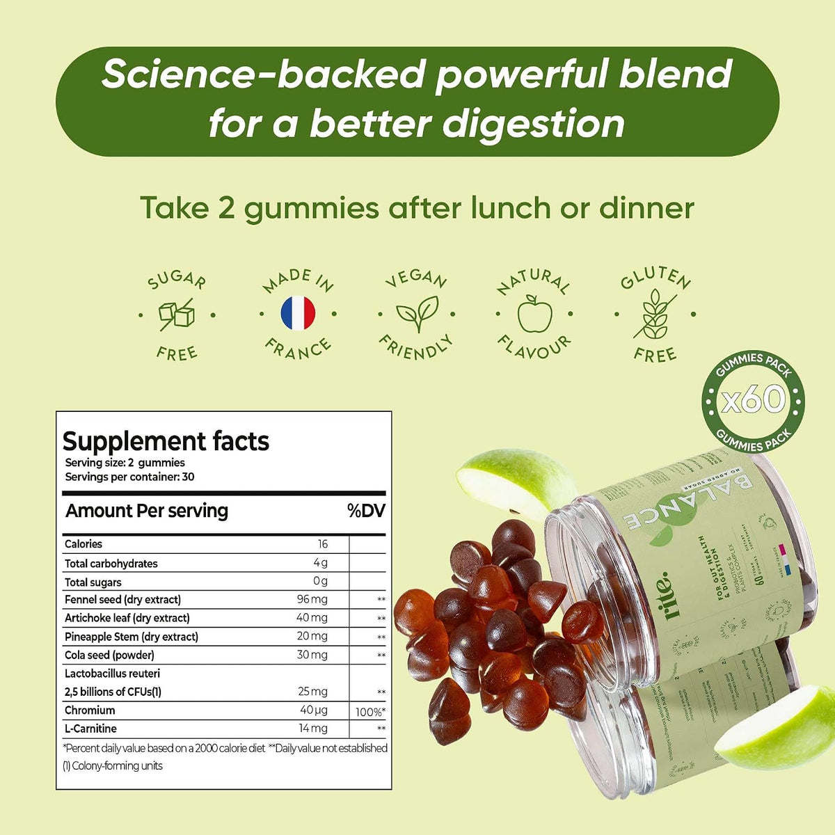 Balance sugar-free Vitamin Gummies Probiotics, Botanicals, Chromium, L-carnitine Ensure a better digestion, improve gut health, curb food cravings 60 Vegan Gummies Delicious Apple flavour – image 3